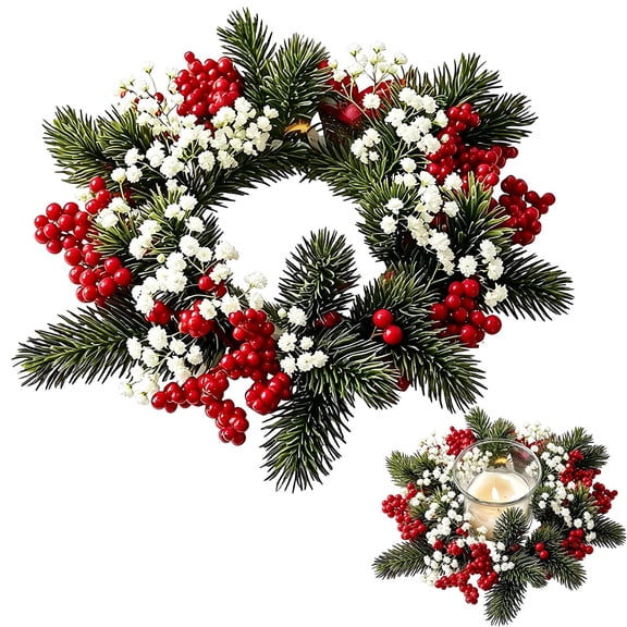 Christmas Candle Rings Wreaths,Artificial Flower Red Berries, Pine Needles Garland Wreaths Decorations For Tables Centerpieces, Winter Xmas Home Kitchen Decors Christmas Ornaments