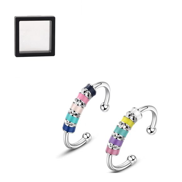 2PCS Enamel Fidget Ring, Adjustable Stainless Steel Ring, Multicolor Roller Ball, Anti Stress Spinning Fidget Rotating Open Rings, Gift for Female, Girls, Lady, Wife, Girlfriend Mother