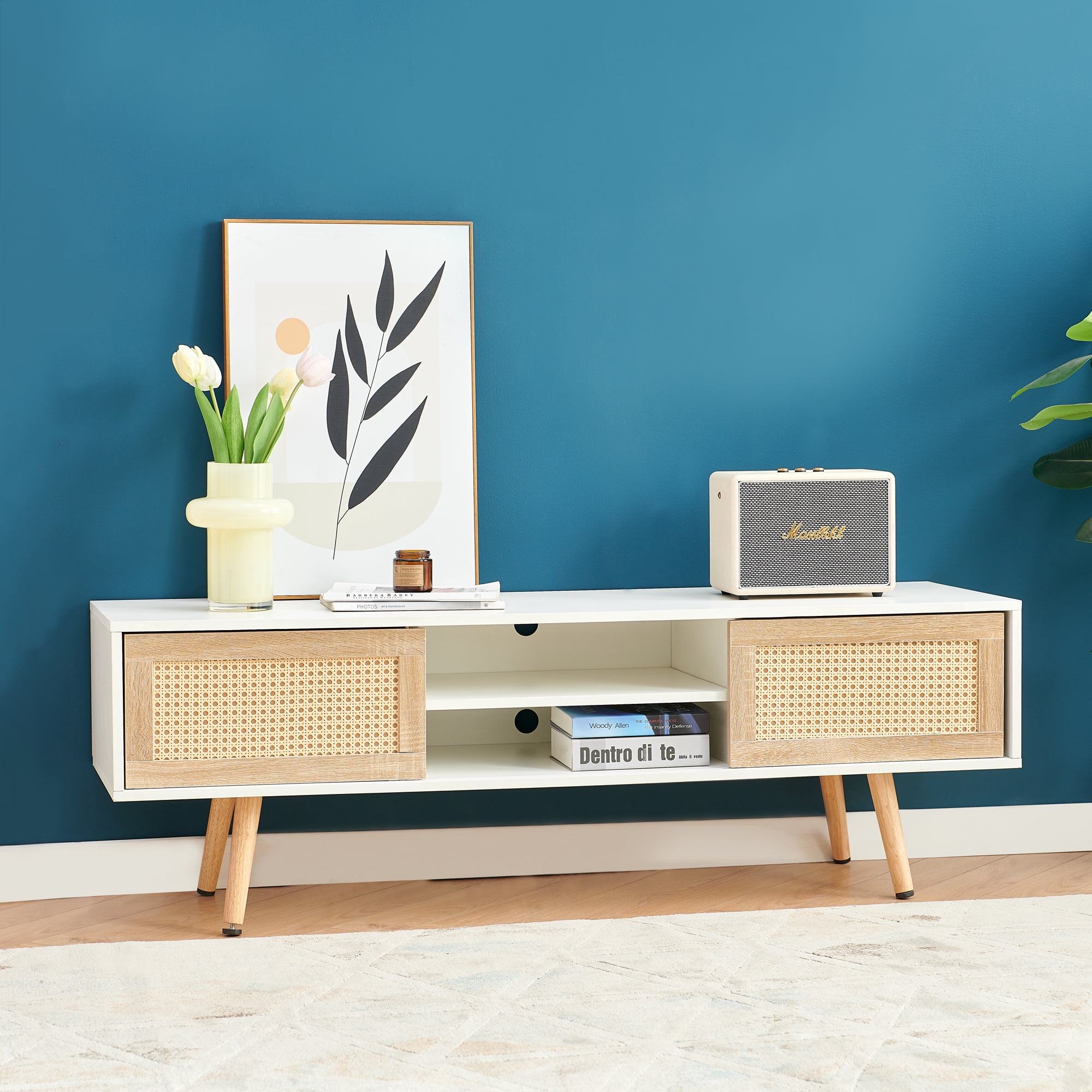 Leumius Modern Coffee Table with Storage,55 Inch Rectangle Wooden Accent Center Tables with Sliding PE Rattan Woven Door Panel and Solid Wood Legs, Suitable for Living Room, Apartment,White