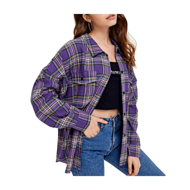Women Plaid Flannel Shirt Jacket Button Down Lapel Long Sleeve Shirts Blouse Shacket Cardigan Coats Fall Spring Clothes