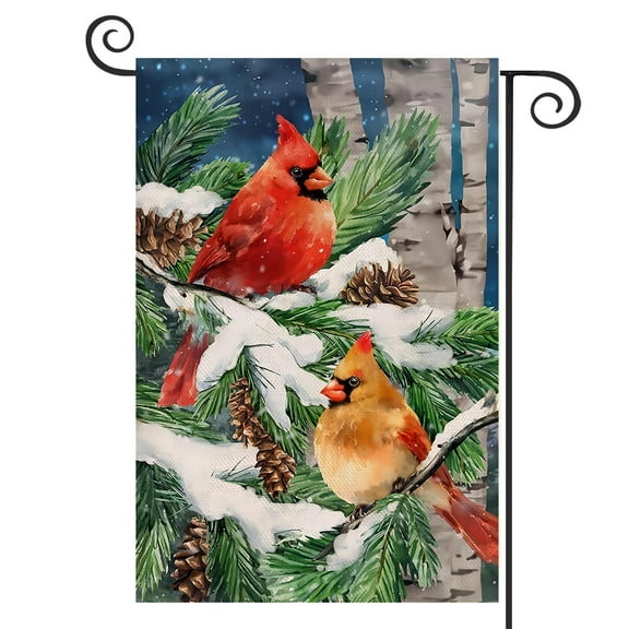DMERBYL Winter Cardinals Red Birds Home Decorative Garden Flag, Yard Lawn Pine Tree Cones Outside Decor, Snowy Farmhouse Outdoor Small Burlap Decoration Double Sided 12 x 18