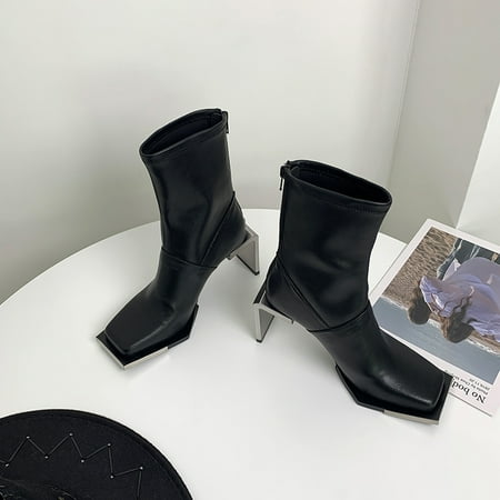 

Homeex Iron Head Metal Square Head Elastic Leather High-heeled Ankle Boots Design Sense Black 37