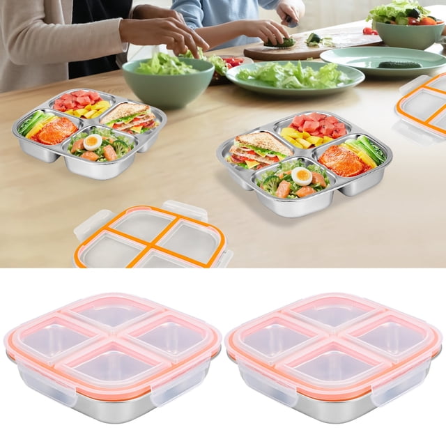2 Pcs Contenant de Rangement Alimentaire Divisé 4 Compartiments Contenant à Collation en Acier Inoxydable avec Couvercle pour Repas d'Enfants Sandwichs Fruits Va au Lave-Vaisselle-2 Pcs-
