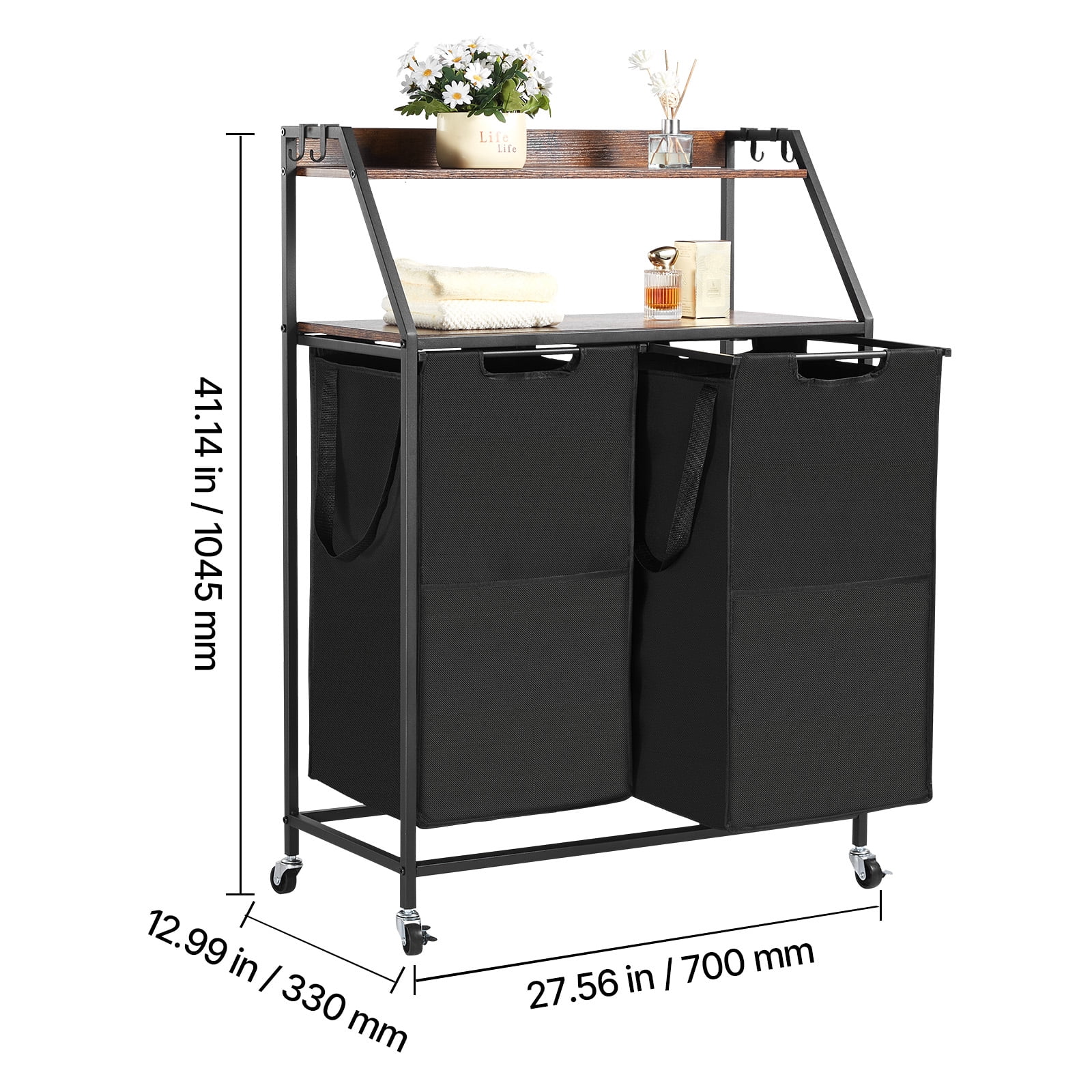 KFFKFF 2-Tier Laundry Organizer with Metal Frame and Wooden Top, Rolling Basket Storage with Ladder Shelves and Durable 600D Oxford Cloth Bags for Sorting Clothes