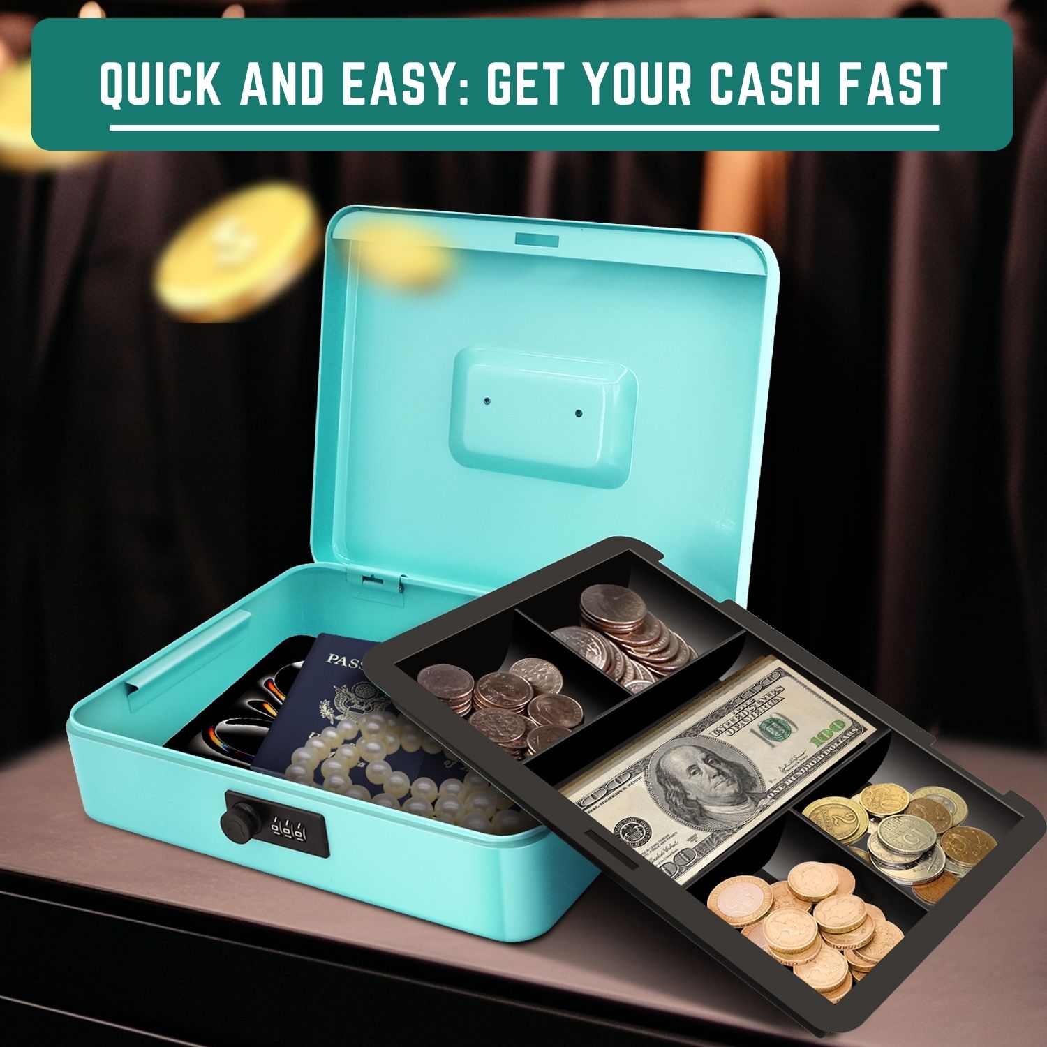 Cash Box with Combination Lock - Metal Cash Box with Money Tray and Lock - 5-Compartment Money Lock Box for Cash, Petty Cash, Checks, Coins, 11.8"x 9.4"x 3.5", Blue