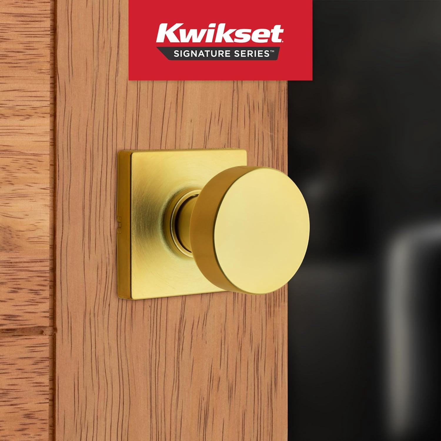Kwikset Pismo Interior Passage Door Knob, Handle for Closet and Hallway Doors, Non-Locking Doorknob, Satin Brass, Square, Microban Protection