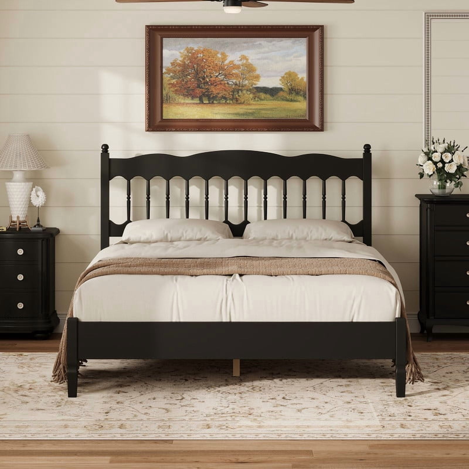Queen Size Retro Countryside Style Wooden Bed Frame with Spindle Headboard, Low Profile Platform Bed with No Box Spring Required