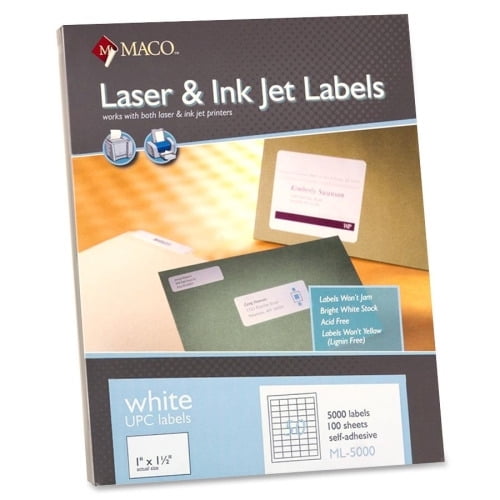 MACO Laser/Ink Jet White UPC Labels Permanent Adhesive - 1' x 1.50' Length - Rectangle - Laser, Inkjet - White - 50 / Sheet - 5000 / Box