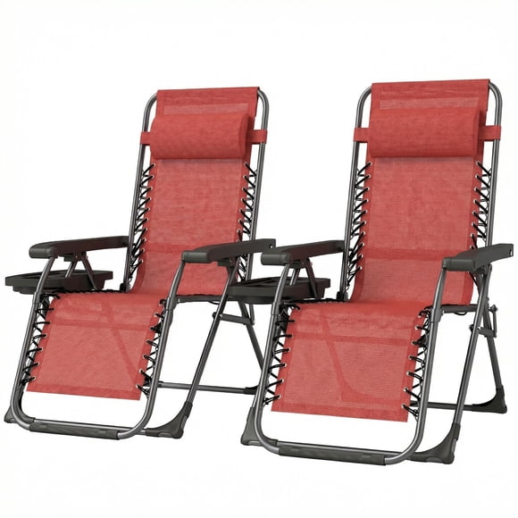 Set of 2 Zero Gravity Outdoor Lounge Chairs, Folding Reclining Patio Chairs with Detachable Tray & Headrest, Breathable Mesh & Steel Frame, Wine Red, Backyard & Camping