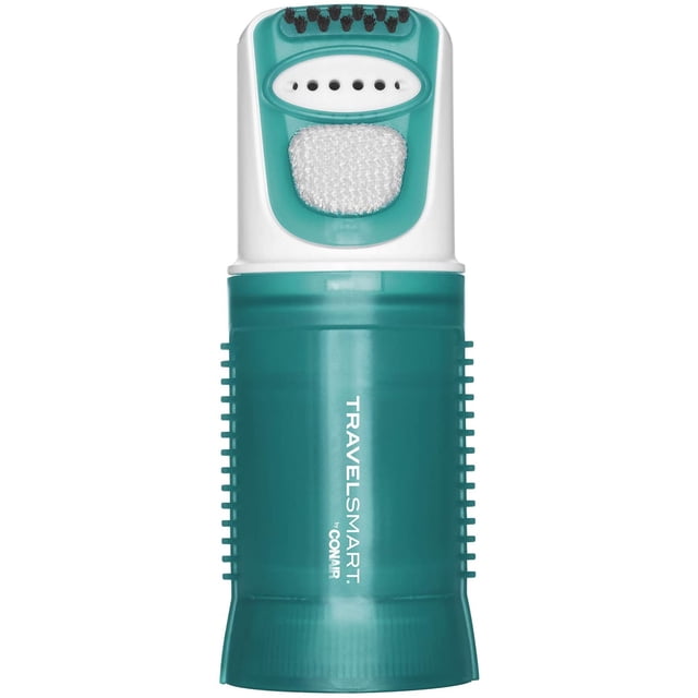 travel smart conair vaporizador de prendas de doble voltaje multicolor, vista frontal centrada: vaporizador de mano cilíndrico verde azulado con costados acanalados y logo vertical blanco, cabezal con placa perforada, cepillo de cerdas negras y almohadilla de tela blanca, ideal para planchado a vapor y para refrescar prendas durante viajes.