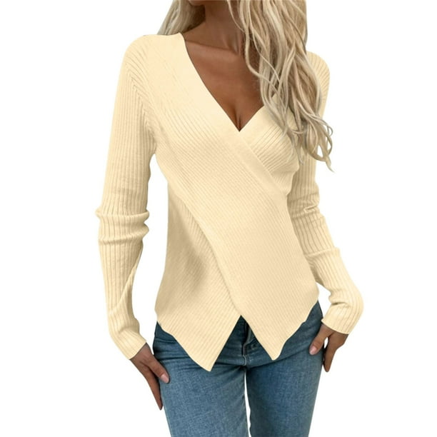 Jersey de manga larga con cuello en V para mujer: top de punto liso, corte ajustado para uso informal/al aire libre, tallas S-XL