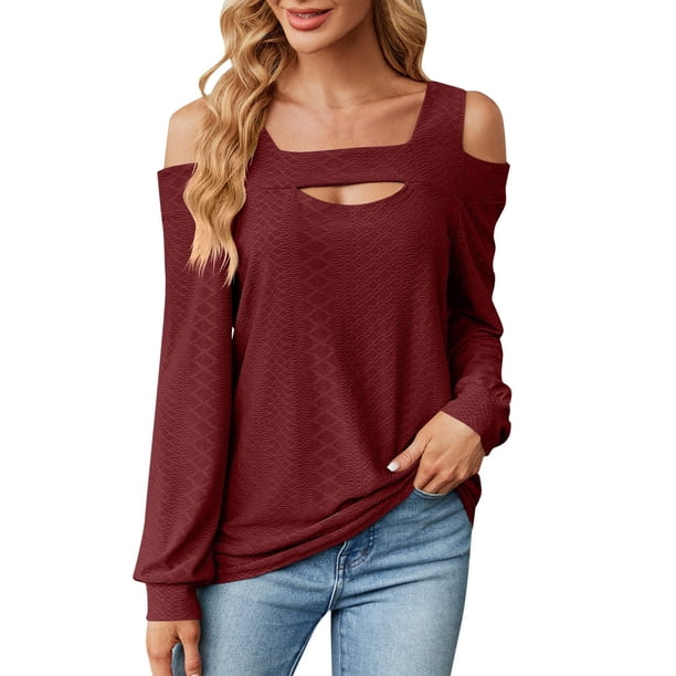 Camiseta de manga larga con cuello en U para mujer: prenda suave y cómoda para otoño/invierno, color liso, detalles recortados, estilo versátil.