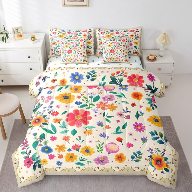 Boho Floral Bed in a Bag King Size Comforter Set 7 Pieces,Fall Flowers Bedding Set Rainbow Botanical Sheet Set with Comforter,Garden Plant Leaves Bohemian Tree Branch Leaf Kawaii Bed Set,Beige
