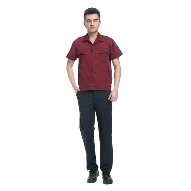 Mens Botón De La Manga Corta De Trabajo Uniforme De La Camisa Roja Casual 165 Vino Sunnimix camisa de los hombres