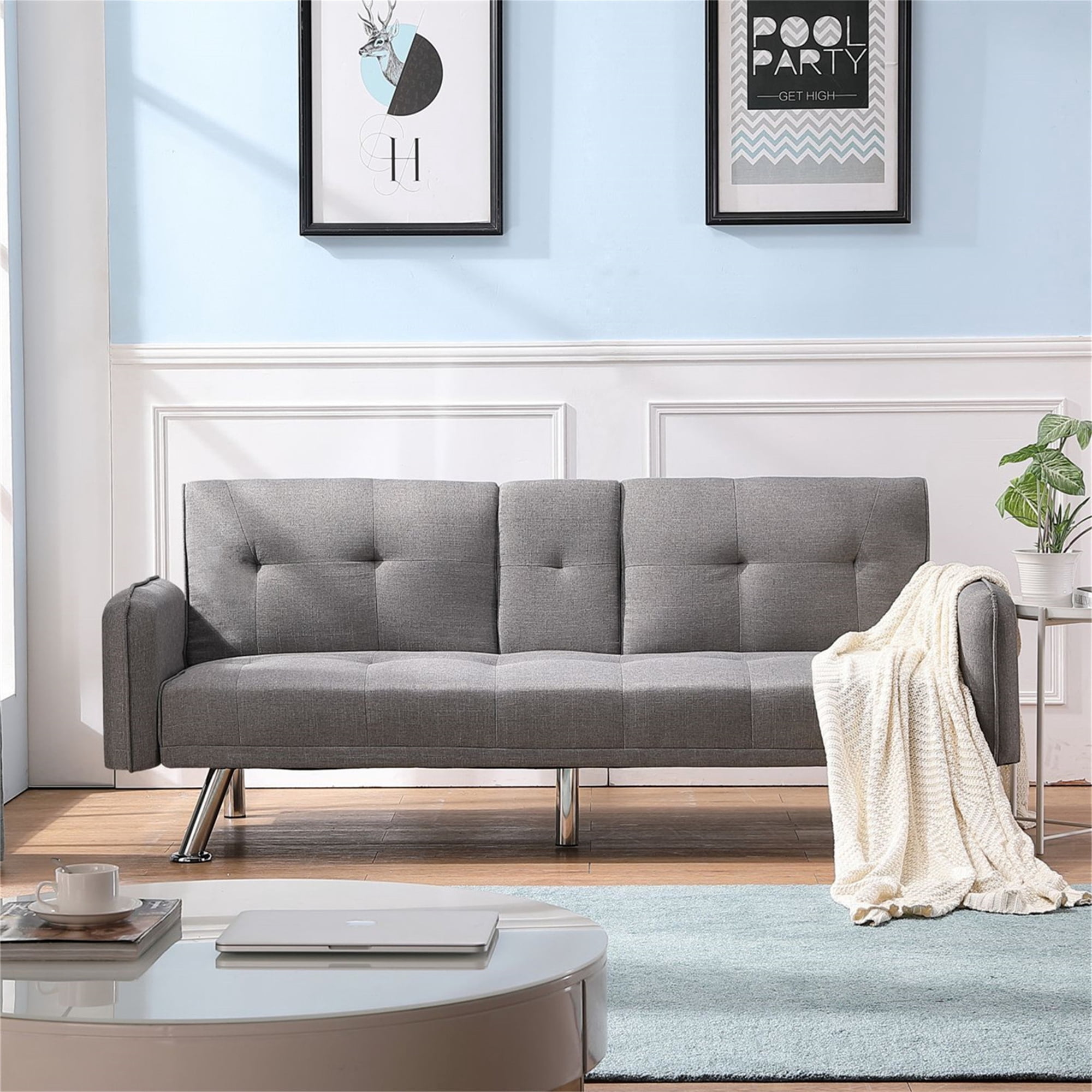 Aukfa 75" Square Arm Futon Convertible Sofa Bed for Home Office, 2 Cup Holders, Linen, Gray