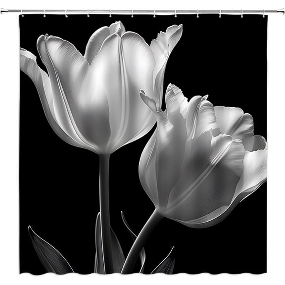 Black Floral Shower Curtain Elegant Tulip Black White Flower Modern Unique Art Print Design Fabric Bathroom Decor Set with Hooks,70 W X 70 H