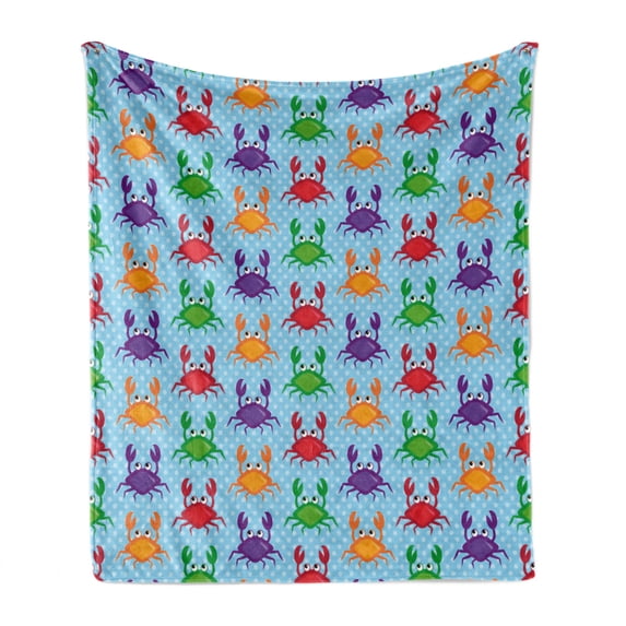 Crabs Soft Flannel Fleece Throw Blanket, Cartoon Art Style Illustration of Crabs on the Blue Background with Bubbles Print, Cozy Plush for Indoor and Outdoor Use, 70" x 90", Multicolor, by Ambesonne