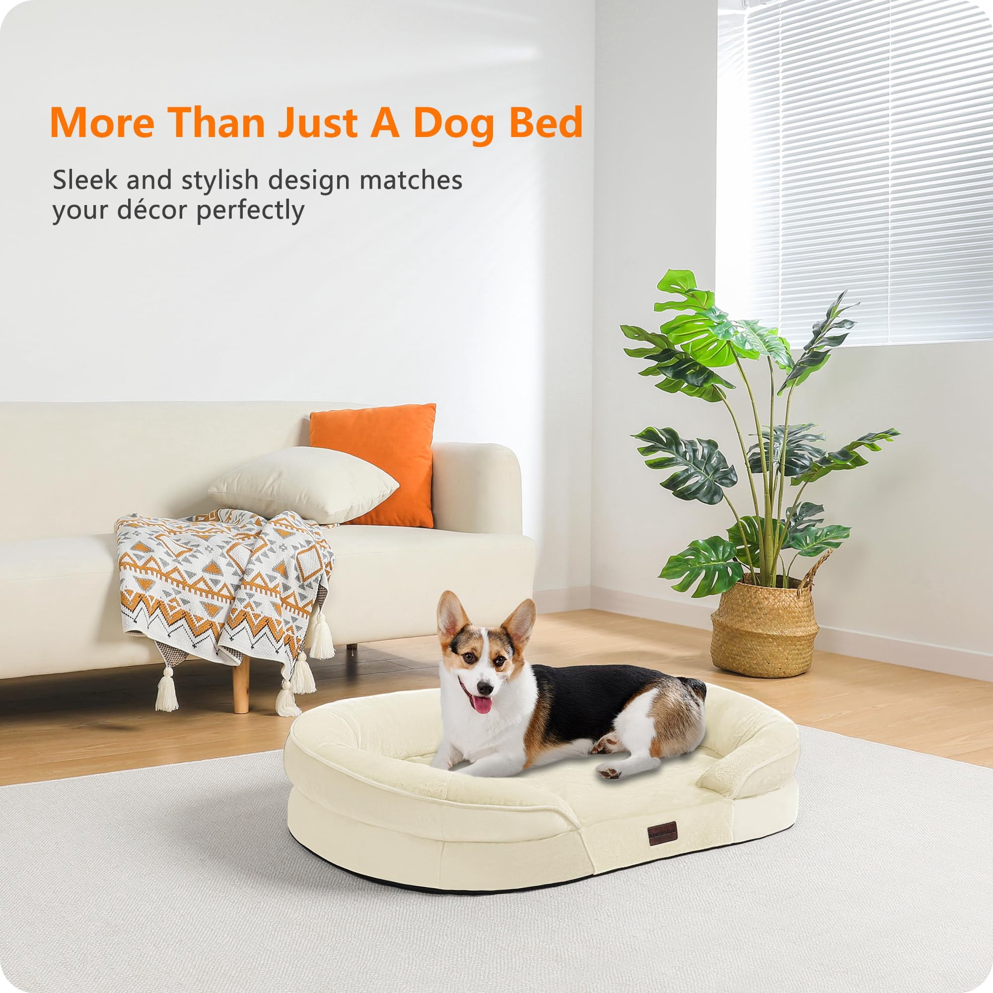Orthopedic Dog Bed Gel Memory Foam Waterproof Sofa Washable Pet Four Sided Bolster Cushion Removable Cover Non-slip Bottom Beige Medium 36 X 25.5 X 6 Inch