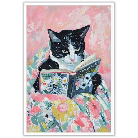 Vintage Tuxedo Cat Reading Flower Book On The Bed Posters Pink Funny Animal Canvas Wall Art Girls Study Room