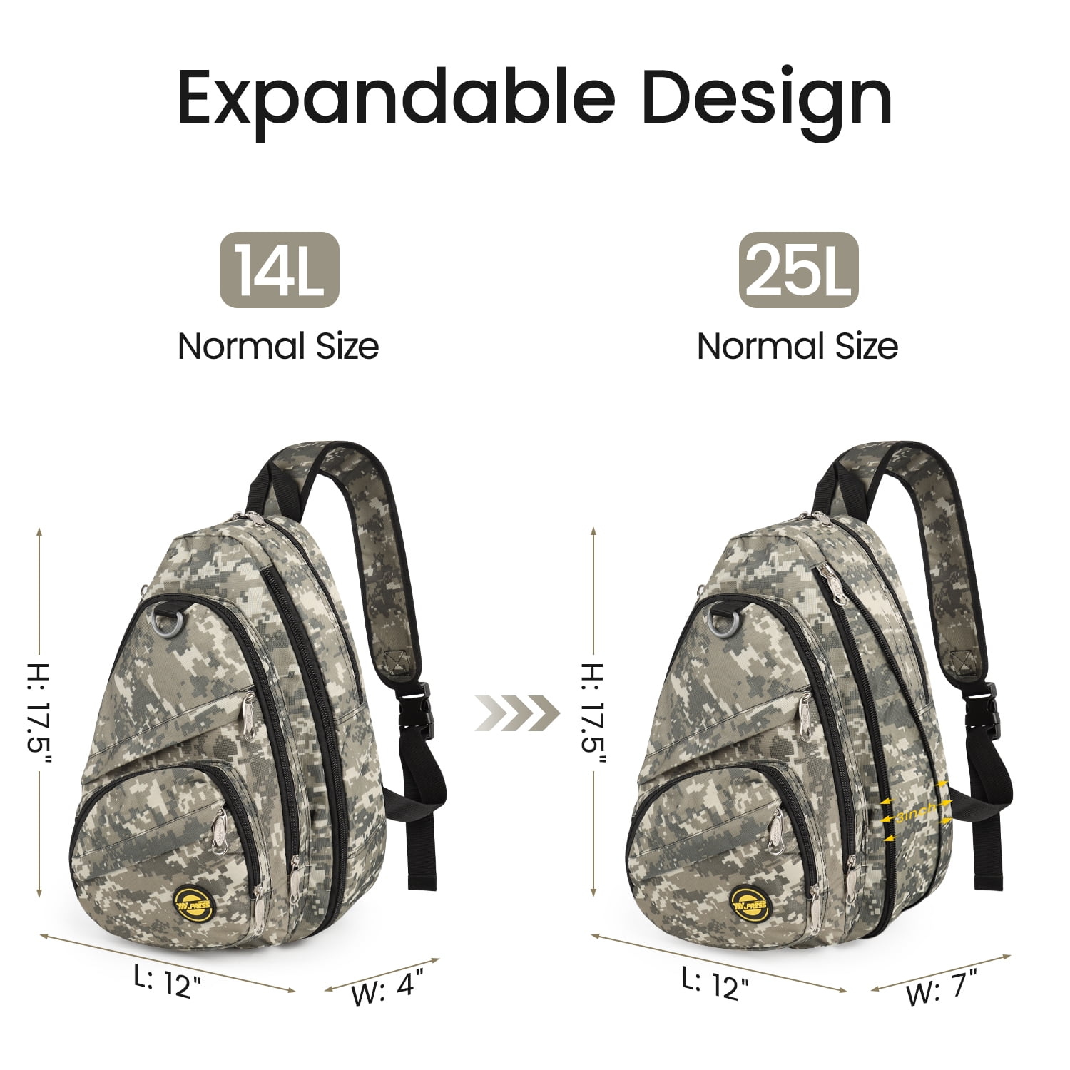 New York Xpress Camo Sling Bag Expandable 14–25L Daypack for Travel Hiking Cycling, Khaki,118