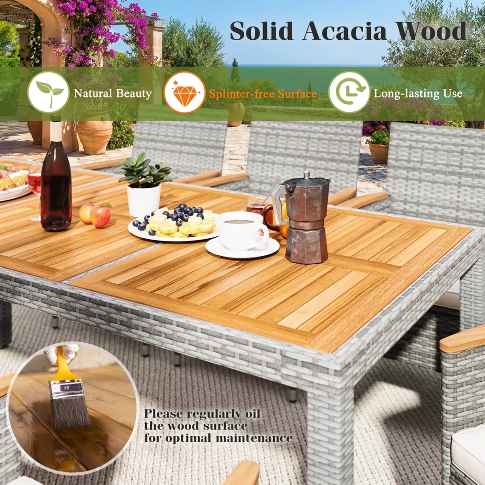 Furnibear 9 Piece Patio Wicker Dining Set Outdoor Conversation Set with Cushioned Chairs and Large Table for Deck Garden, Gray and Off White