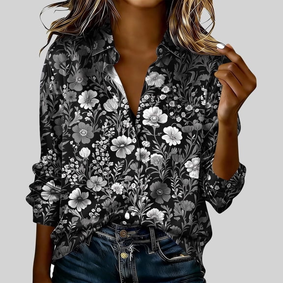 NTACZA Womens Tops Summer Floral Business Casual Silky Dress Shirt Work Button Up Satin Summer Shirts for Women L
