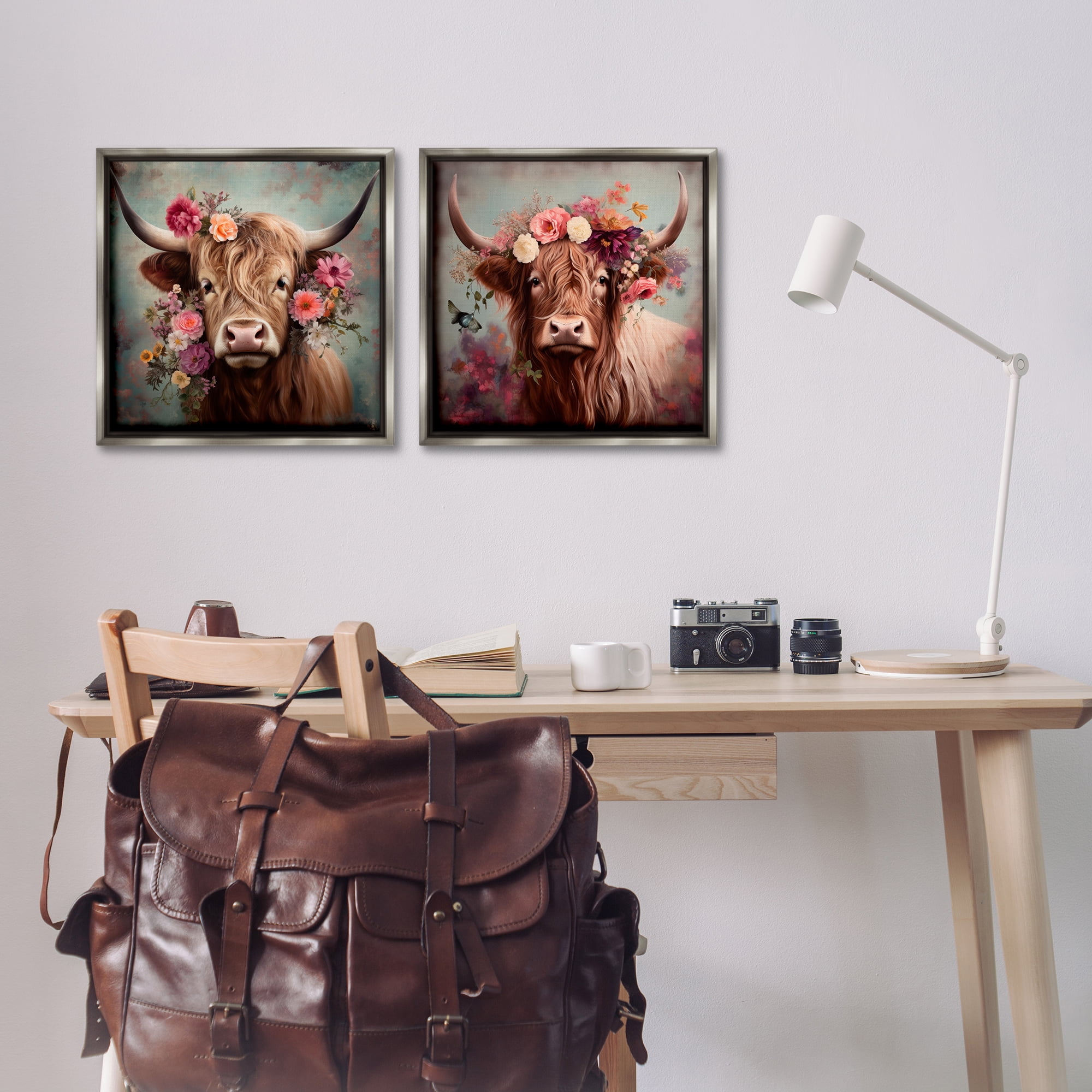 Stupell Industries Highland Cow Field Flower Crown Animals Painting Gray Floater Framed Canvas Art Print Wall Art, 18 x 18, Set of 2