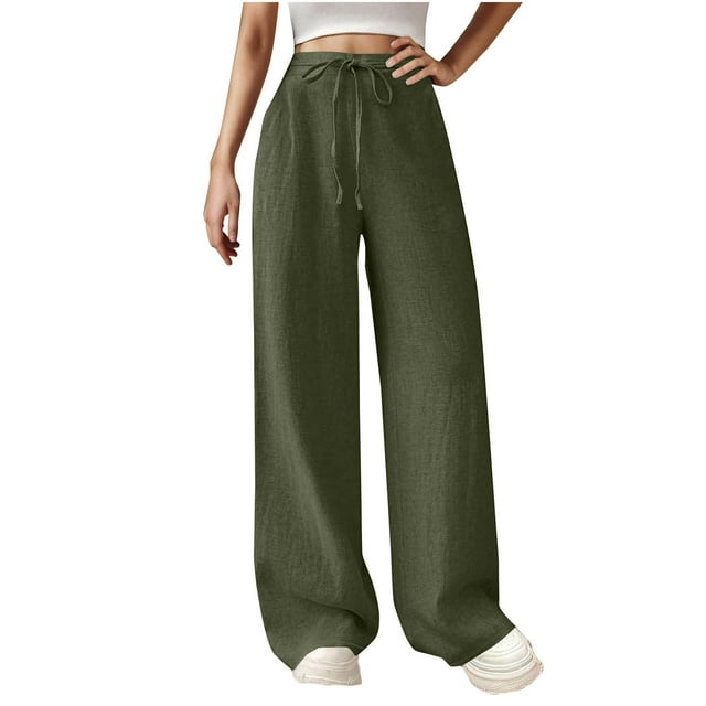 Timegard Pants for Women Wide Leg Drawstring High Waist Lightweight Casual Loose Trousers Solid Color