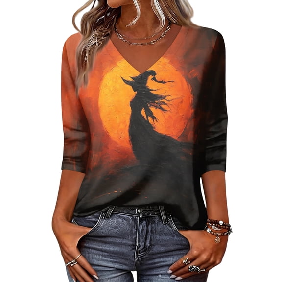 Trgacdwlo S-5XL Womens Halloween Printed Shirts Funny Ghost Graphic V Neck 3/4 Sleeve Tops for Women Fall Cat Pumpkin Print Womens Tunic Tops