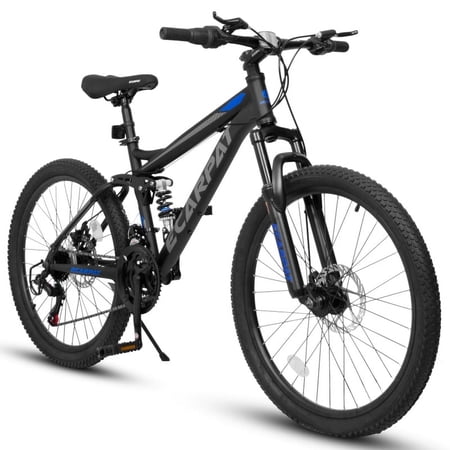 24 Inch Mountain Bike With Full Suspension 21 Speed Grip Shifters High Carbon Steel Frame Mechanical Disc Brakes Unisex For Men/Women/ Adults Ideal For Trails