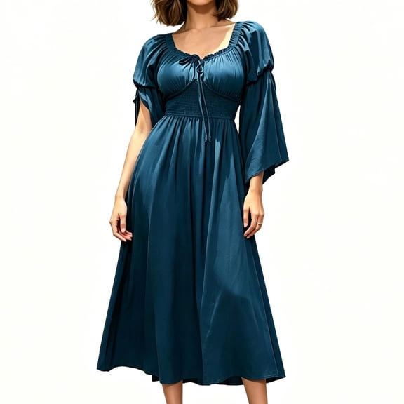 Guieoi Womens Dresses Long Sleeve Fashionable Court Style Long Dress Blue XXL