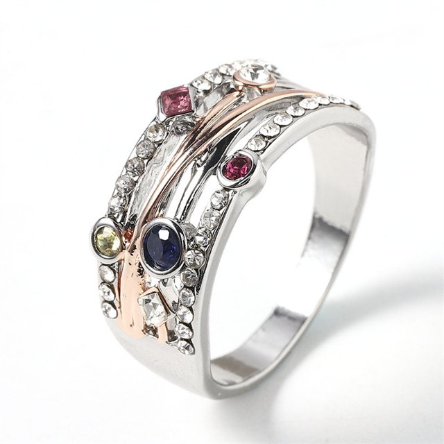 Anillo de aleación de diamantes multicolor con incrustaciones creativas, personalidad de moda europea y americana, línea de color, anillo de circonita, joyería