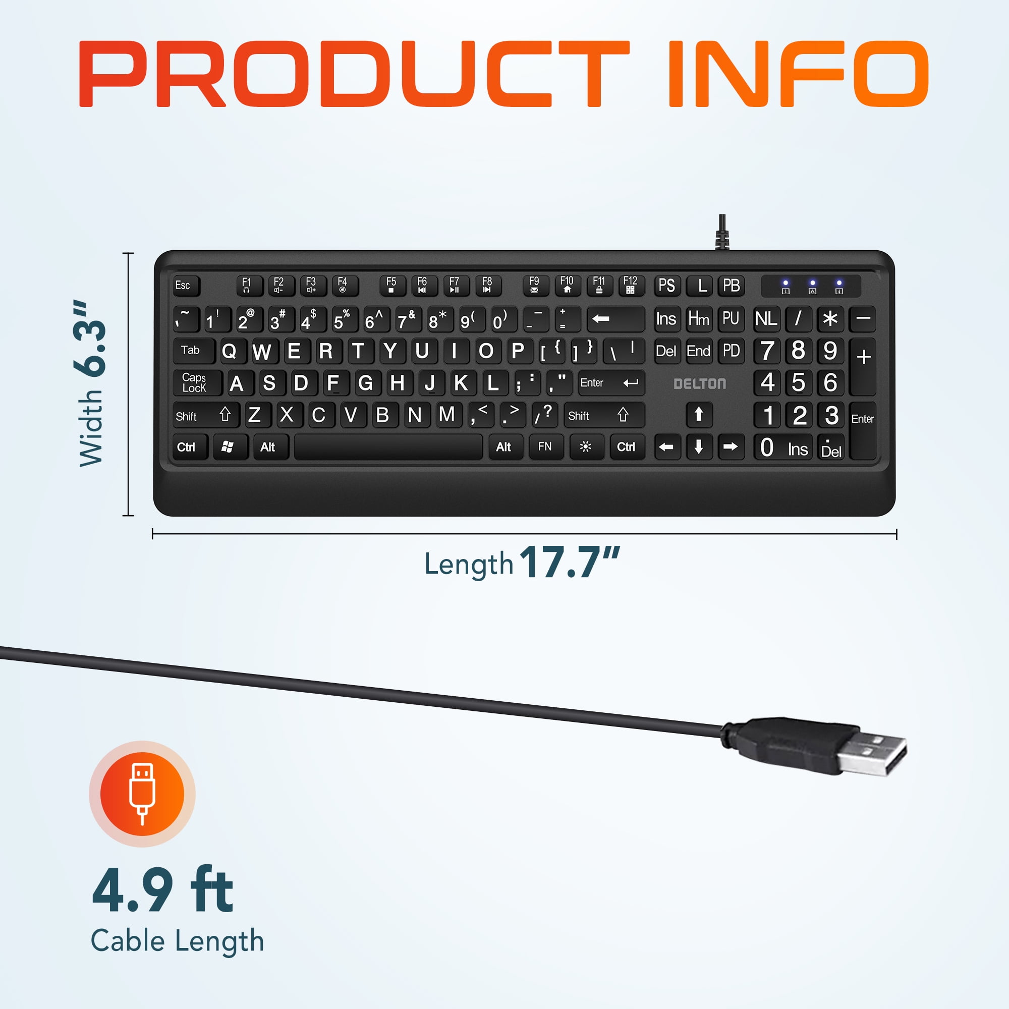 Delton KB20 Large Print Backlit Wired Keyboard, 4X Large Button Keyboard for Elderly or Visually Impaired, USB Wired Lighted Keyboard, 104 Keys Standard Keyboard, Compatible for PC/Laptop/iMac, Black