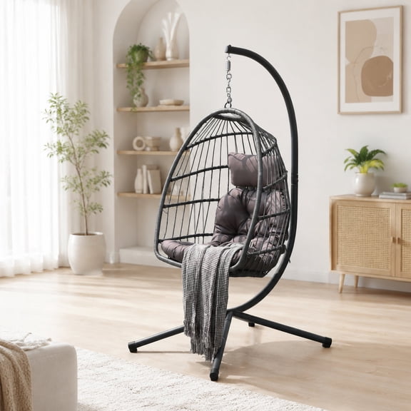 Dark Gray Wicker Hanging Egg Chair with Stand, Cup Holder & Removable Guardrail, Indoor Outdoor Swing for Balcony