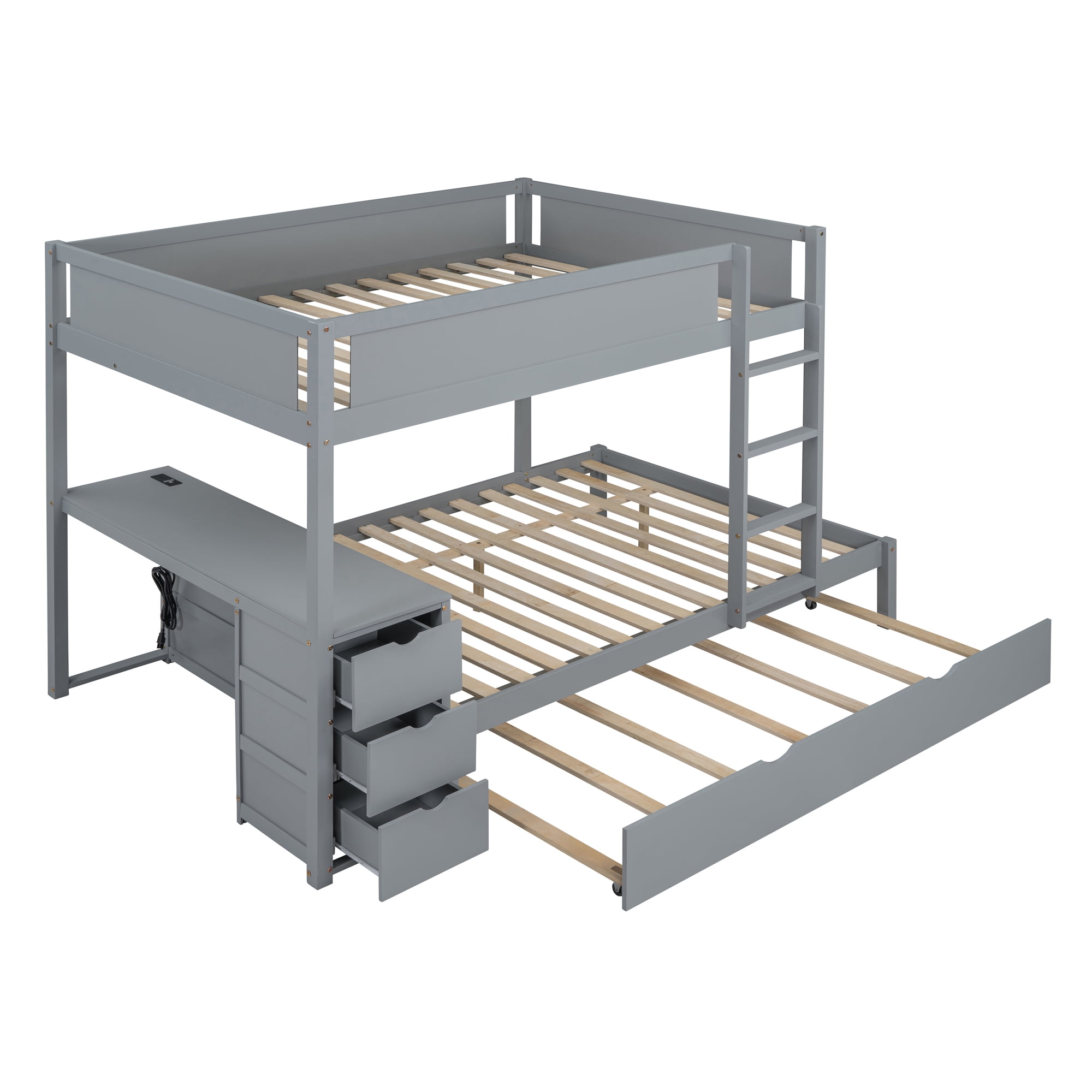 Aukfa Full Over Full Bunk Bed with Trundle and USB Charging Station, Wood Bed Frame with Build-in Desk&Storage Drawers for Kids Bedroom, Gray