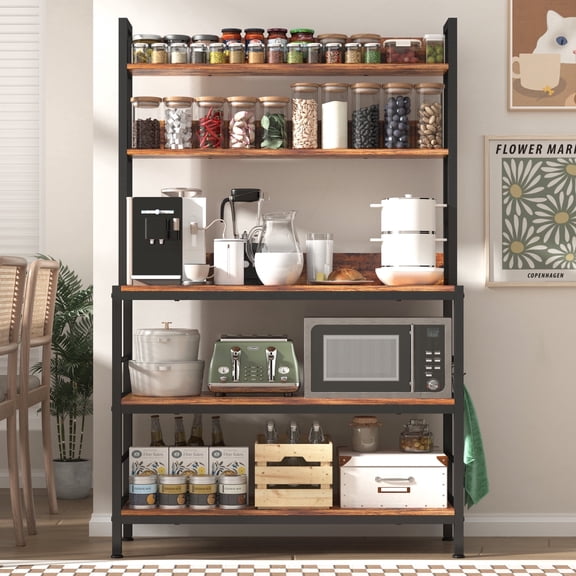 NAIYUFA Kitchen Bakers Rack with Storage Shelves,5-Tier Free Standing Storage Shelf Rack with Hooks,Industrial Microwave Stand Shelf for Dining Room