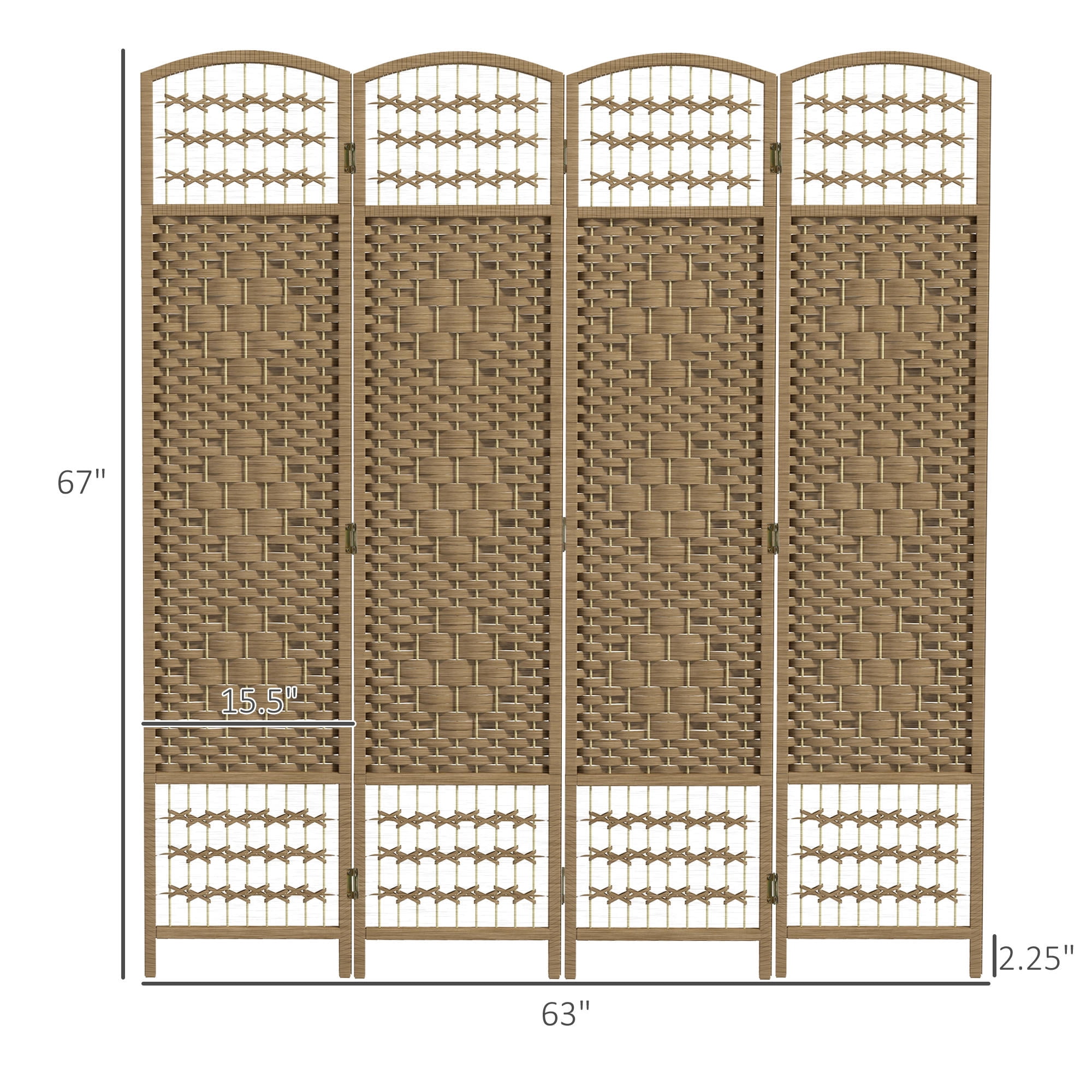 Room Divider 4 Panel Folding Privacy Screen 67" Tall, Wave Fiber Woven Partition with Arched Top for Home Office Bedroom, Natural Wood Tone