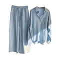 thumbnail image 5 of wcjm Blue Women's Casual Solid Retro Plus Size Cotton Button Shirt High Waist Loose Pocket Long Pant Suit, 5 of 5