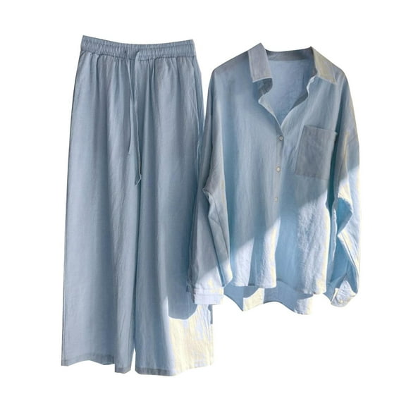 ZJFXGS Pants Sets Women 2 Piece Outfits Shirt and Pants Women'S Casual Solid Retro Plus Size Cotton Button Shirt High Waist Loose Pocket Long Pant Suit with Shirt and Loose Pants Blue L