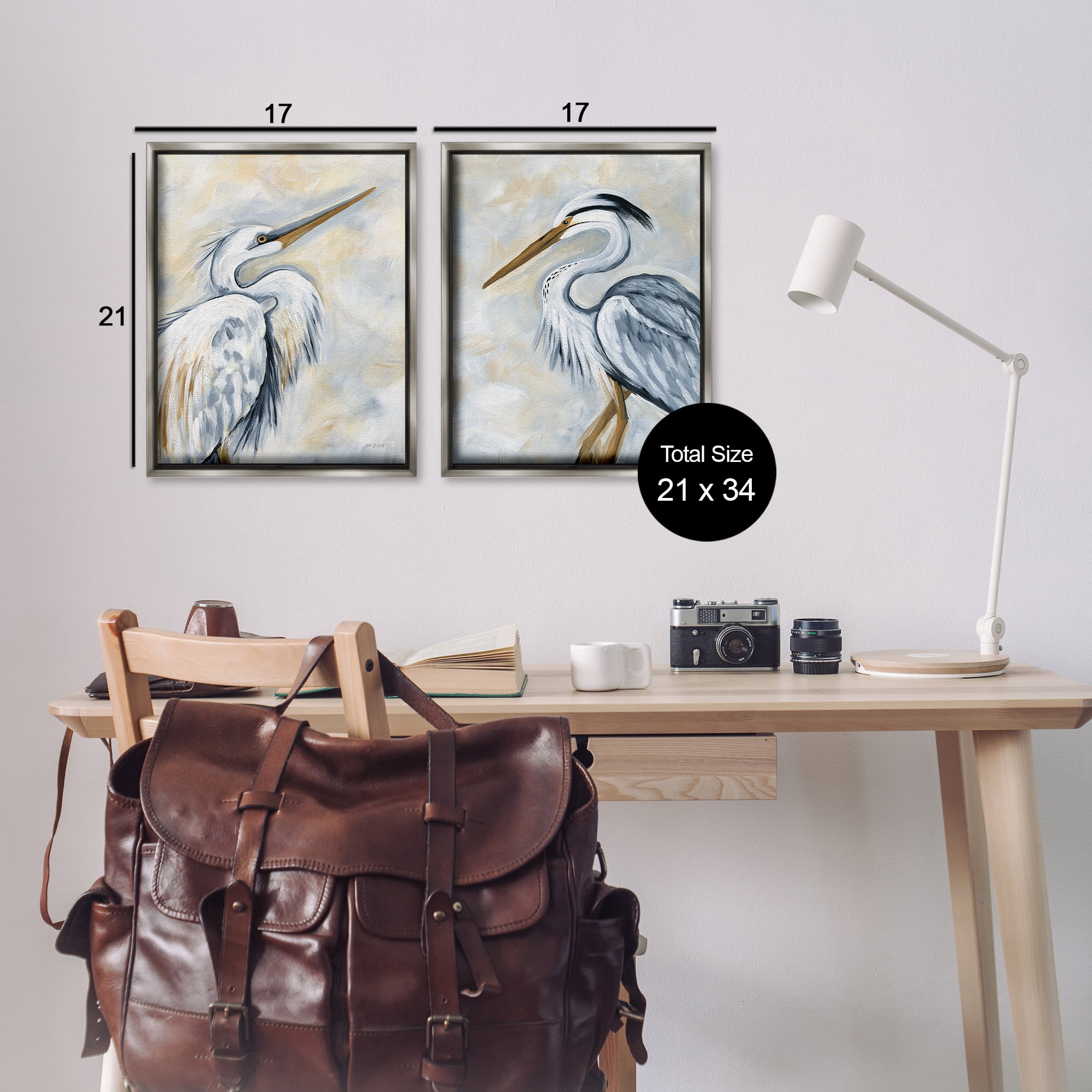 Stupell Industries White Egret Blue Heron Animals Painting Gray Floater Framed Canvas Art Print Wall Art, 17 x 21, Set of 2