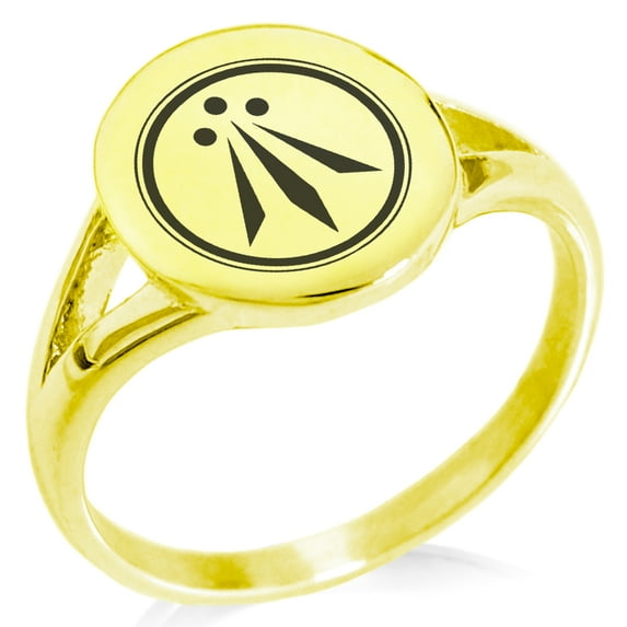 Stainless Steel Celtic Awen Arwen Three Rays Minimalist Oval Top Polished Statement Signet Ring