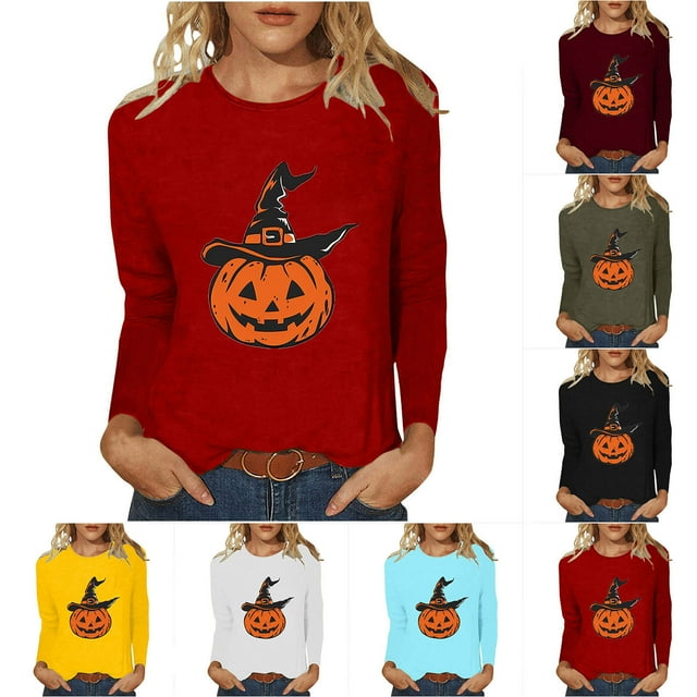 Sentmoon Vêtements Grande Taille Manches Longues Col Rond T-Shirt de l'Action de Grâce Ample avec Imprimé Mignon Hauts pour Femmes Automne et Hiver pour Bureau Événements d'Halloween et Fêtes de Travail Rouge m