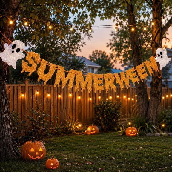 Glitter Summerween Banner Garland, Orange Dripping Letter SUMMERWEEN Bunting with White Ghost Cutouts, Halloween Summer Party Hanging Wall Decor for Mantel Window Indoor Party Supplies, 78.7"