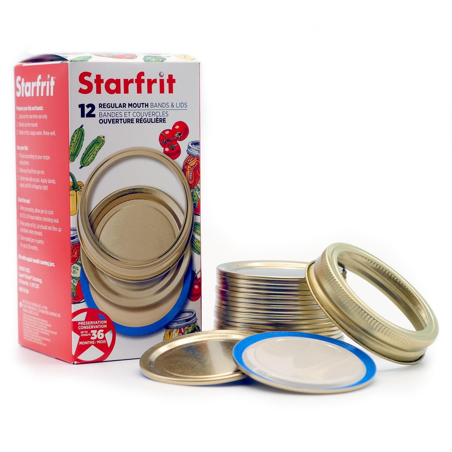 Starfrit 12 Regular Mouth Canning Bands and Lids, 70 mm, Fits Mason Jars, BPA Free, Rust-Resistant, High Pressure Safe, Long-Term Food Preservation, Strong Seal, Blue Rubber Seal