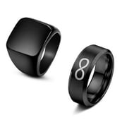 Jstyle 2PCS Black Signet Ring Infinity Band Rings Set for Men Stainless Steel Glossy Matte Finish Husband Father Gift