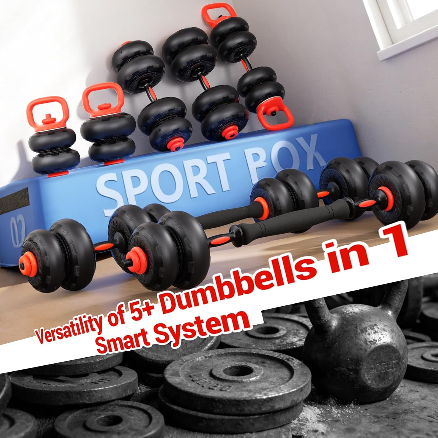 Yoleo 5-in-1 Adjustable Dumbbell Set with Silent Anti-Collision Plates, Connector Bar & Push-up Stand for Home Gym