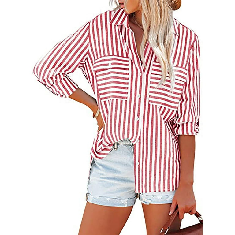 Women's Striped Button Down Blouse, Long Sleeve Work Shirt