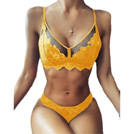 

PiePieBuy Women Lace Hollow Out Mesh Two Piece Solid Color Lingerie Sets