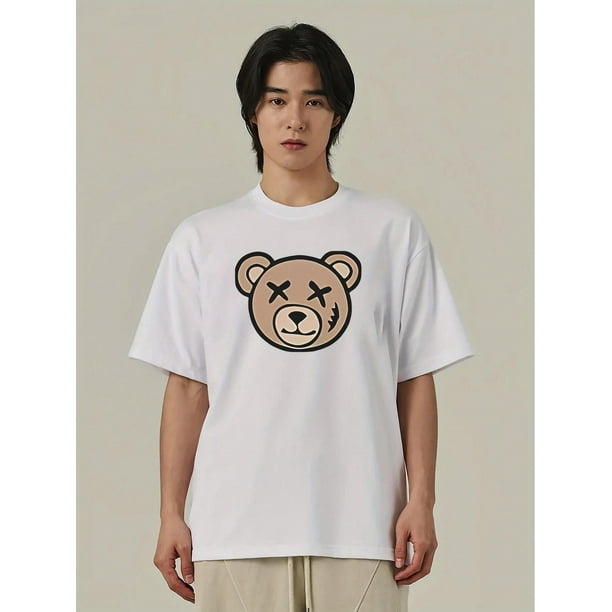 Camiseta informal con estampado de oso único - Moda de verano para hombre, cuello redondo, manga corta, mezcla de poliéster, lavable a máquina