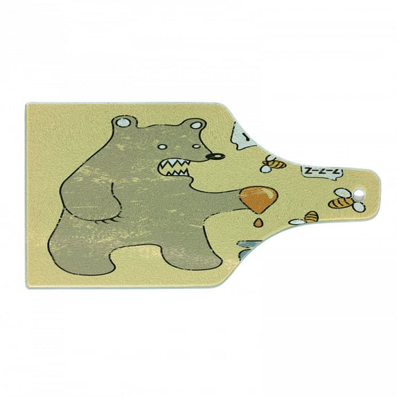 Cartoon Cutting Board, Caricature Style Bear Bees and Honey Saying Yum Comic Graphic Print, Decorative Tempered Glass Cutting and Serving Board, Wine Bottle Shape, Taupe Yellow, by Ambesonne